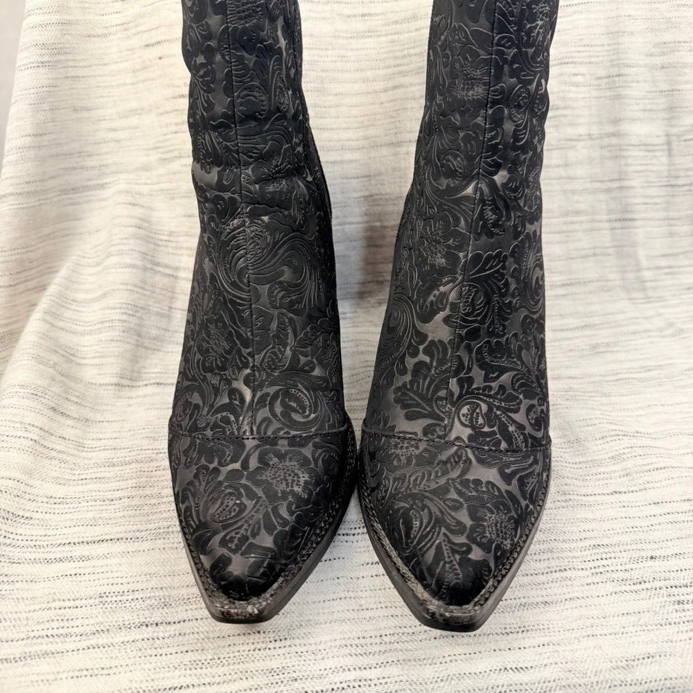 Jeffrey Campbell‎ Free People Black Leather Jacquard Embossed Ankle Boots 10